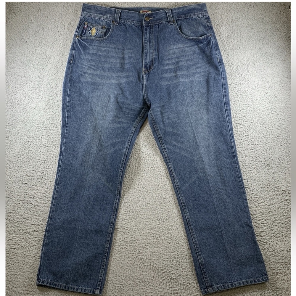 PHAT FARM Jeans Men's Zip Fly Embroidered Cotton Blue Denim 44x32 (Actual 42x30)